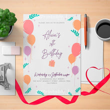 Load image into Gallery viewer, Printable Colored Balloons Birthday Invitation Card - Digital Download
