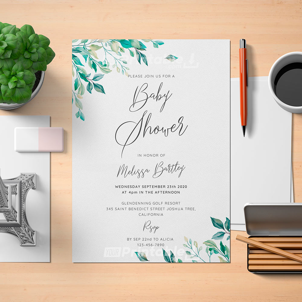 Green Leaves Baby Shower Invitation Template - Digital Download