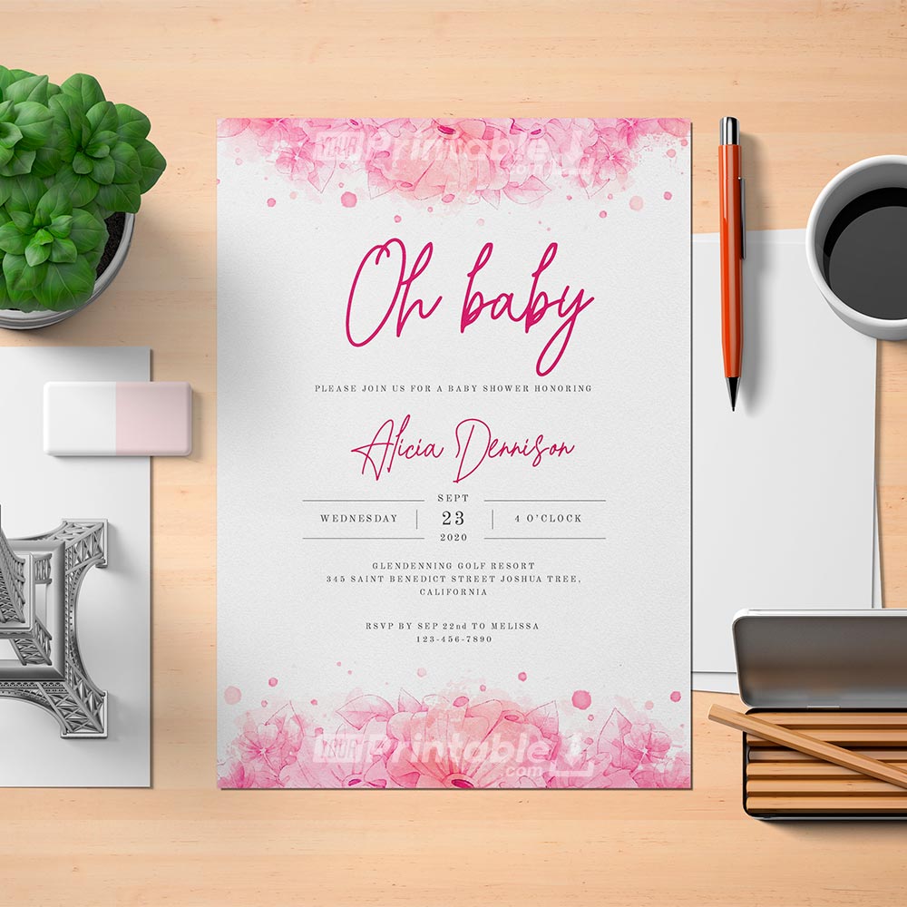 Rose Watercolor Baby Shower Invitation Template - Digital Download