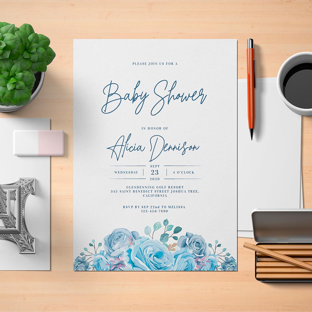 Floral Blue Baby Shower Invitation Template - Digital Download