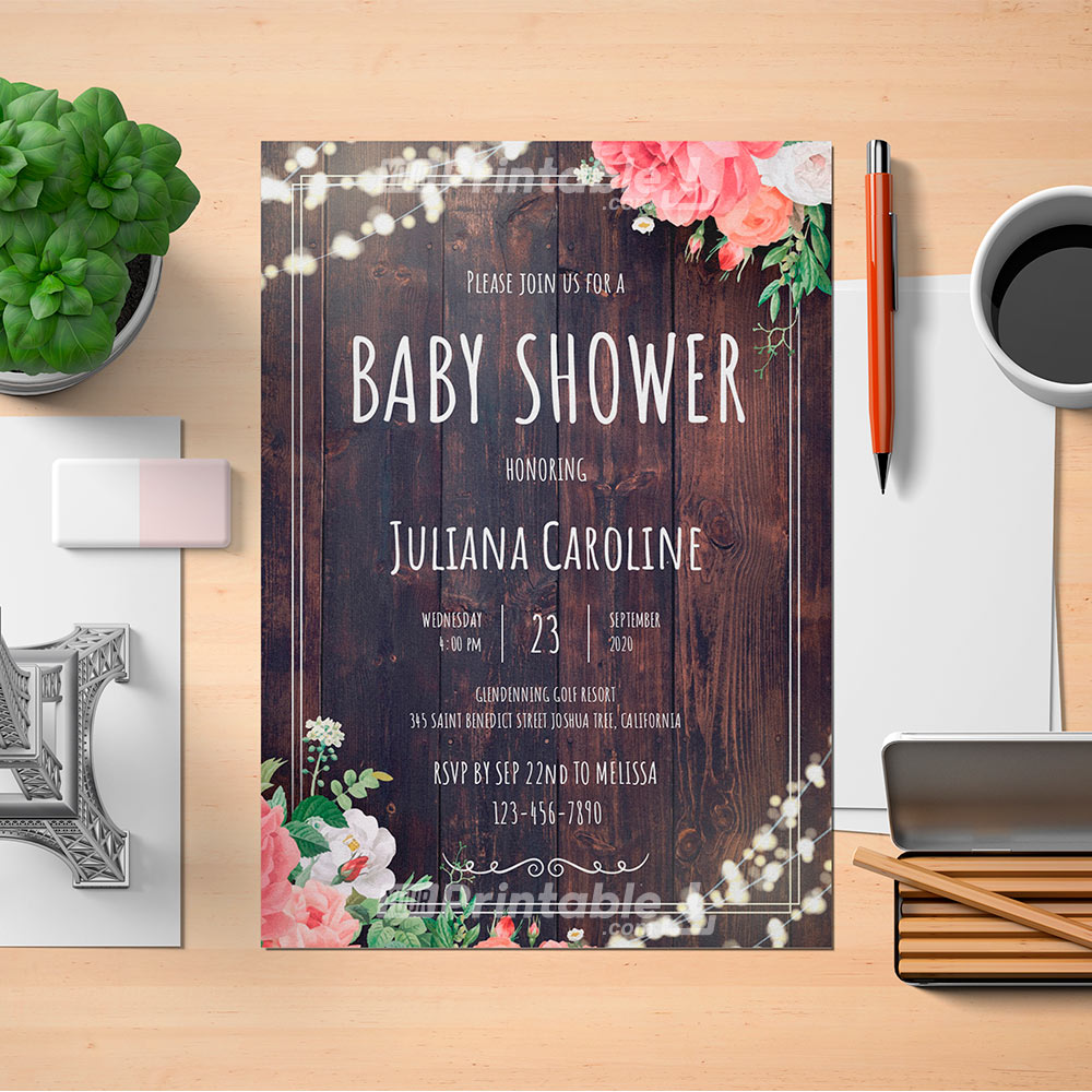 Wood Rustic Baby Shower Invitation Template - Digital Download