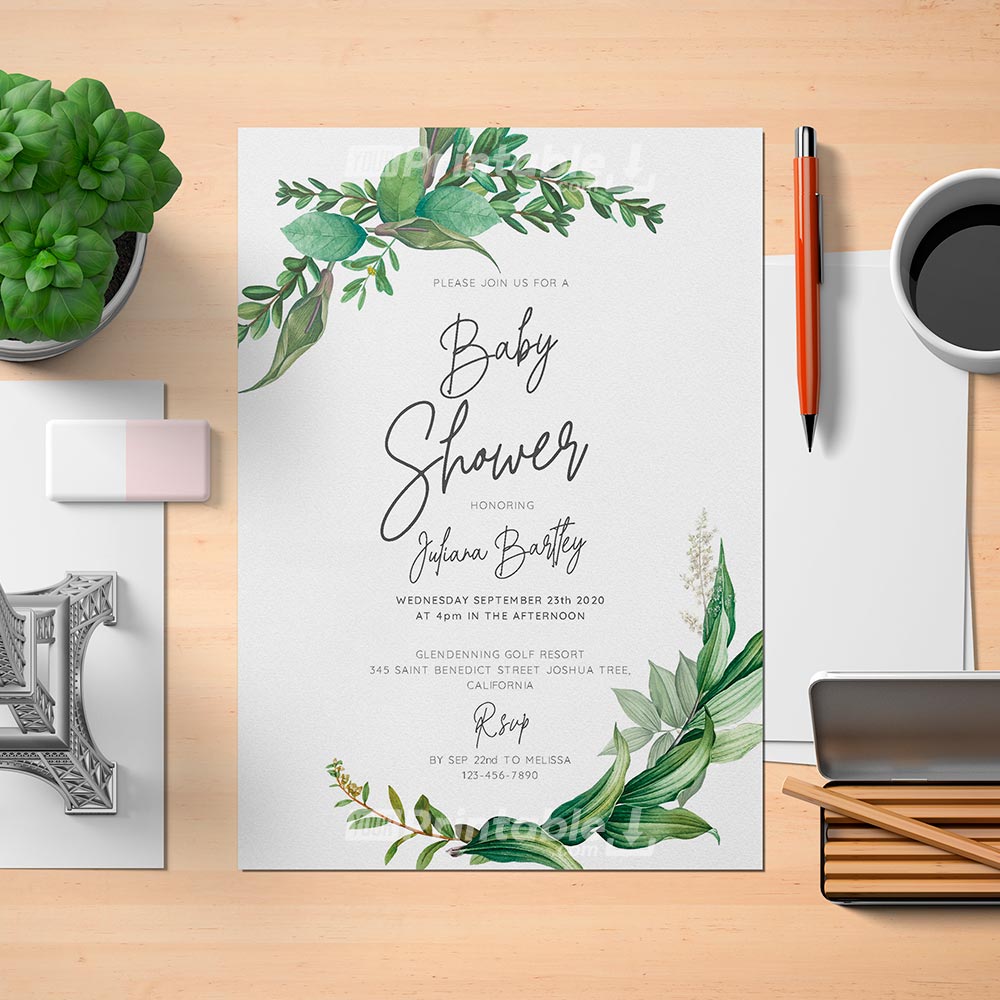 Green Floral Baby Shower Invitation Template - Digital Download