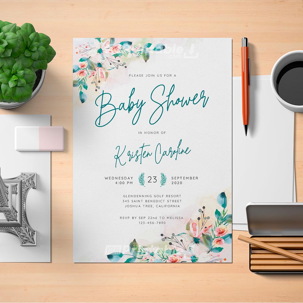 Botanical Watercolor Baby Shower Invitation Template - Digital Download