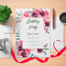 Load image into Gallery viewer, Printable Burgundy Floral Women&#39;s Birthday Invitation Card - Download
