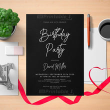 Load image into Gallery viewer, Printable Black and White Men&#39;s Birthday Invitation Card - Digital Download
