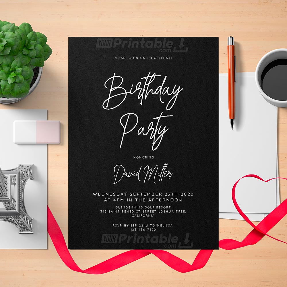 Printable Black and White Men's Birthday Invitation Card - Digital Download