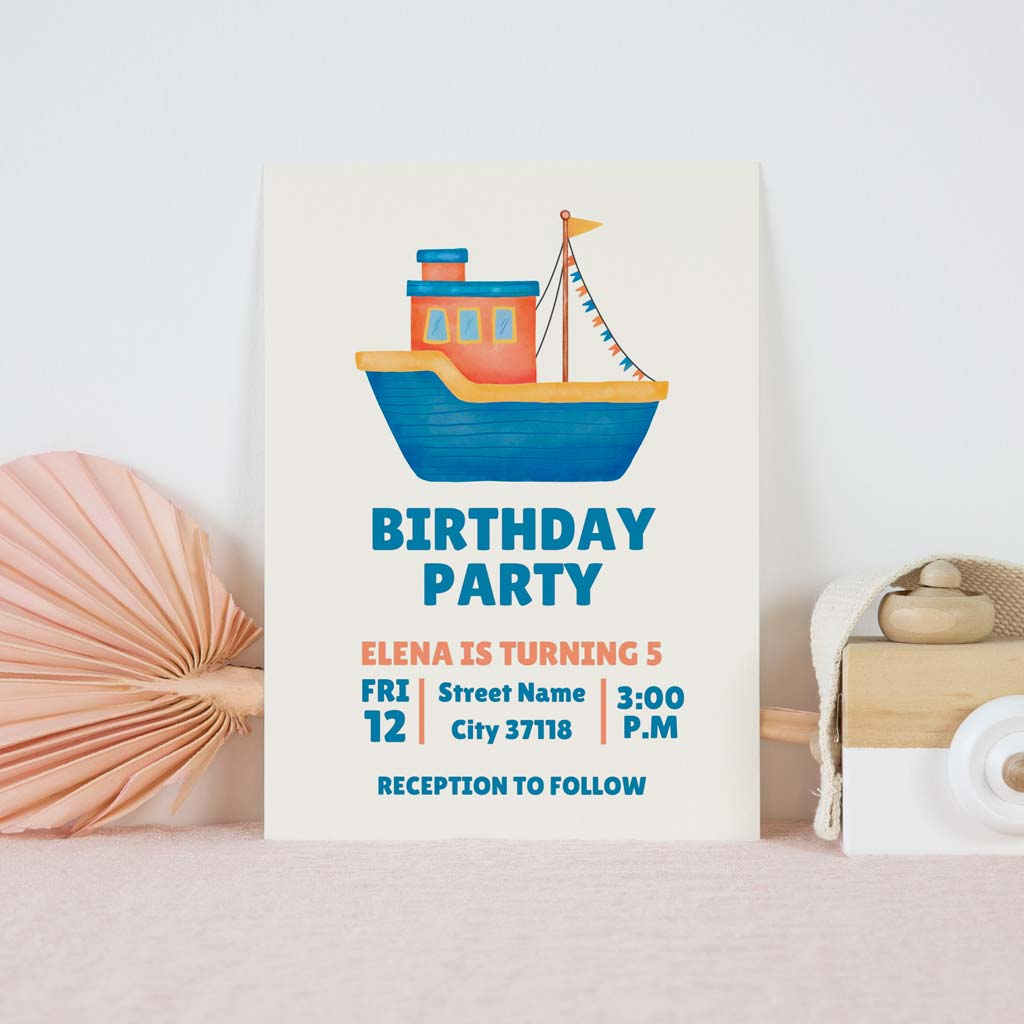 Watercolor Cute Boat Printable Birthday Invitation Template Download