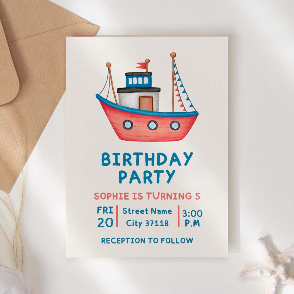 Watercolor Boats Printable Birthday Invitation Template Download