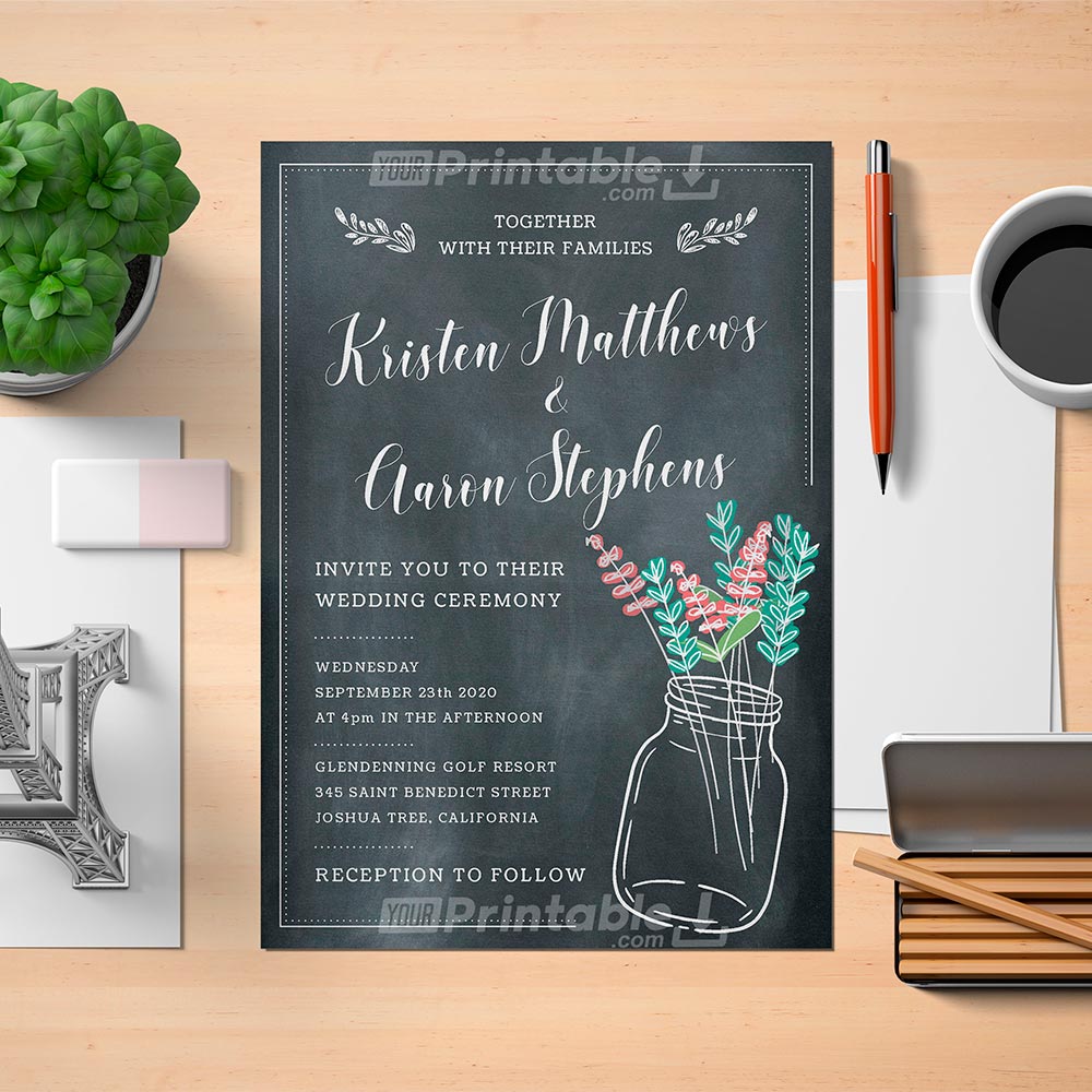 Printable Mason Jar Chalkboard Rustic Wedding Invitation