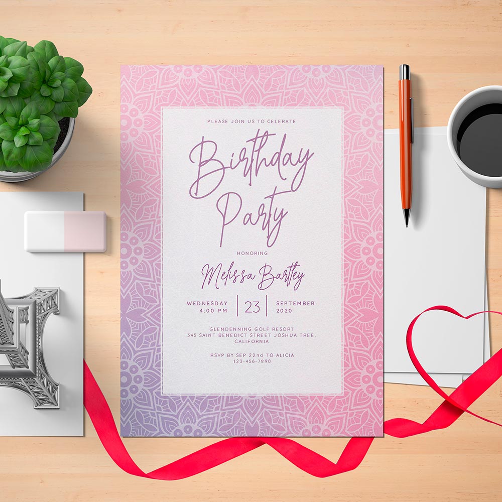 Printable Mandala Ornament Women's Birthday Invitation Card - Digital Download