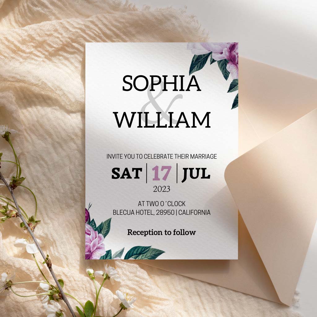 Violet Flowers Printable Wedding Invitation Template Download