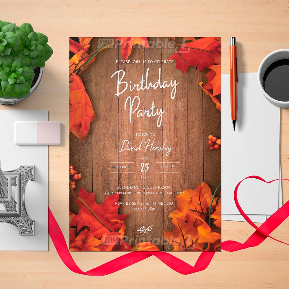 Printable Fall Rustic Mens Birthday Invitation Card - Digital Download