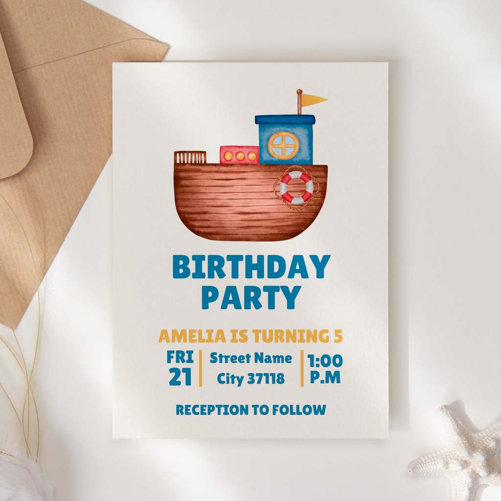 Watercolor Little Boat Printable Birthday Invitation Template Download