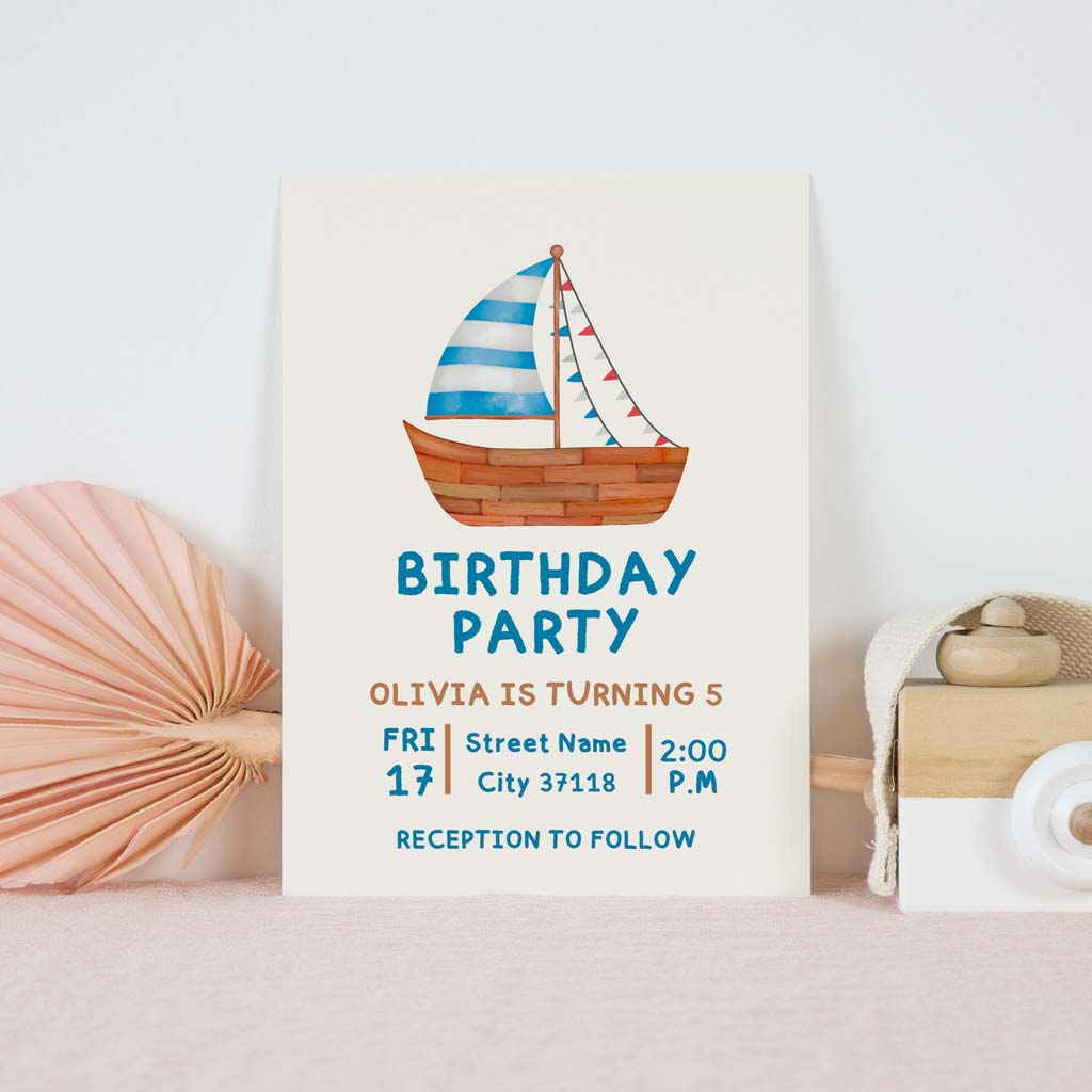 Watercolor Sailboat Printable Birthday Invitation Template Download