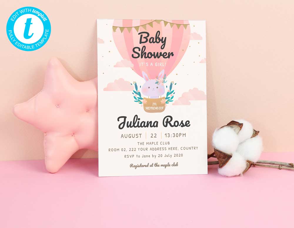 Cloudy Girl Baby Shower Invitation Template - Digital Download