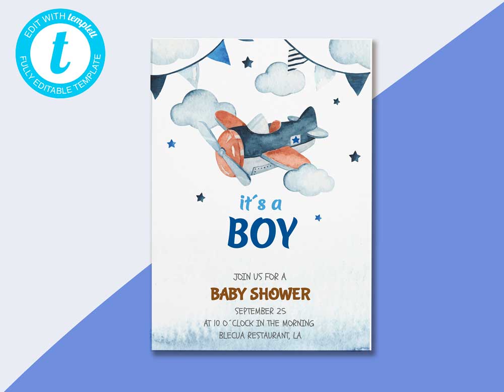 Watercolor Sky Scene Boy Baby Shower Invitation Template - Digital Download