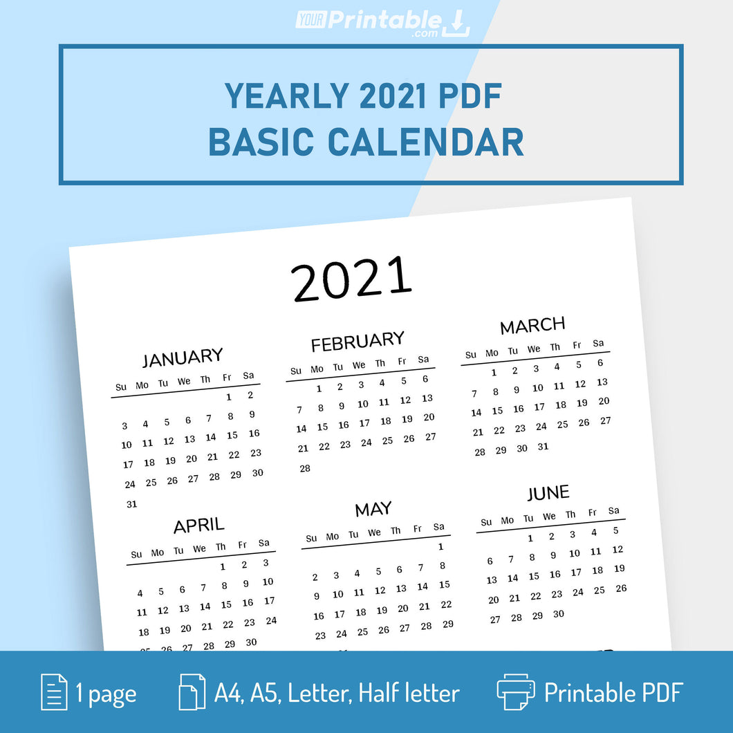 Printable Basic 2021 Yearly Calendar PDF (A4, A5, Letter, Half Letter, Filofax)  Editable - Digital Download