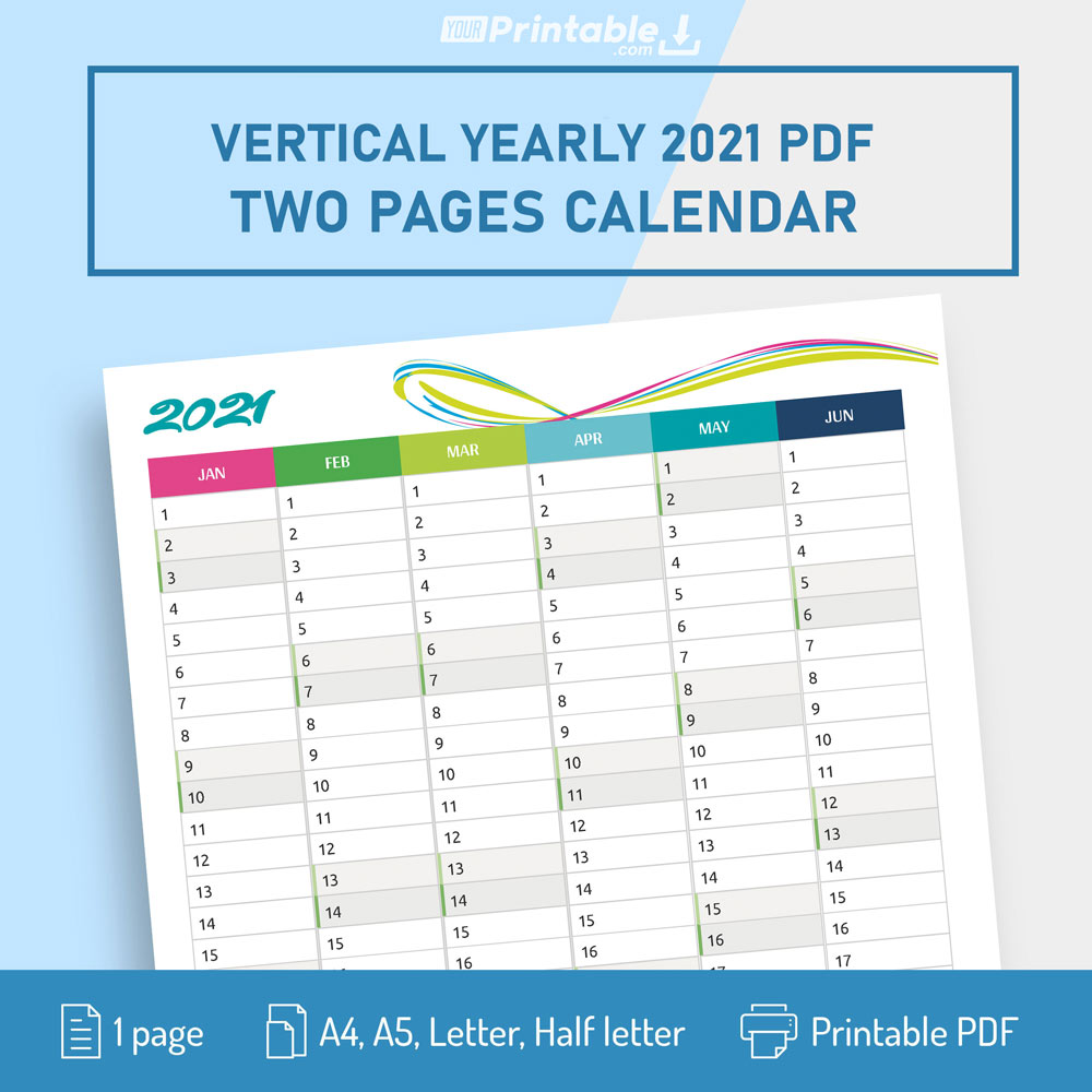 Printable 2021 Two Pages Vertical Calendar Template PDF - Download