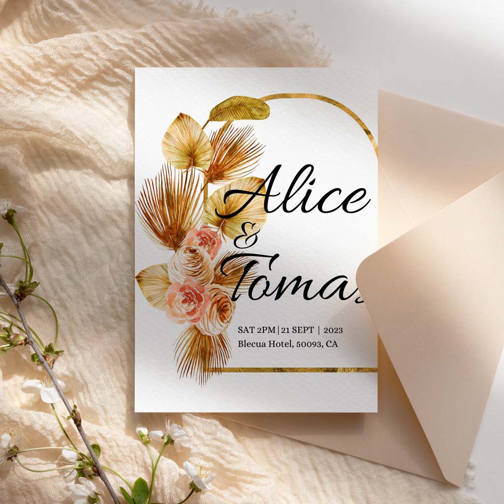 Gold Flowers Printable Wedding Invitation Template Download