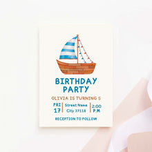 Load image into Gallery viewer, Watercolor Sailboat Printable Birthday Invitation Template Download
