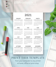 Load image into Gallery viewer, Printable Basic 2021 Yearly Calendar PDF (A4, A5, Letter, Half Letter, Filofax)  Editable - Digital Download
