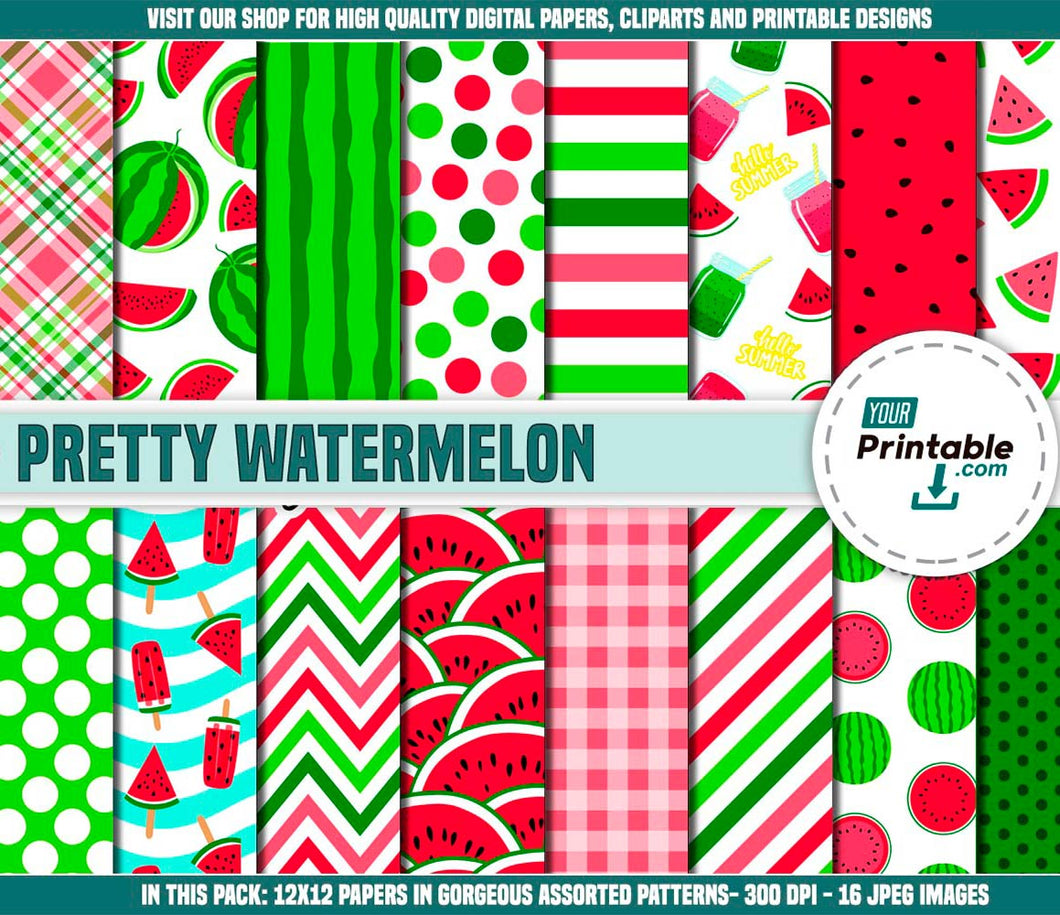 Watermelon Digital Paper Pink and Green Pattern - Digital Download