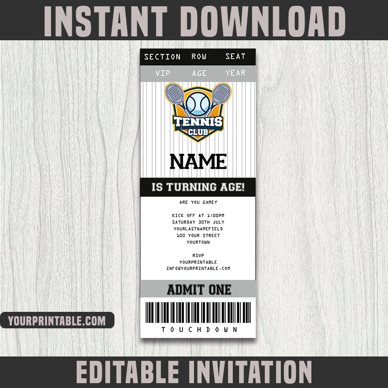 Tennis Ticket Invitation Template - Birthday Party