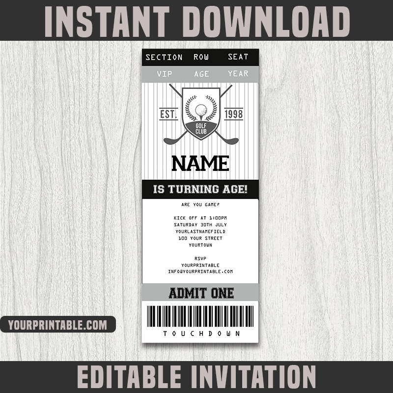 Golf Ticket Invitation Template - Birthday Party