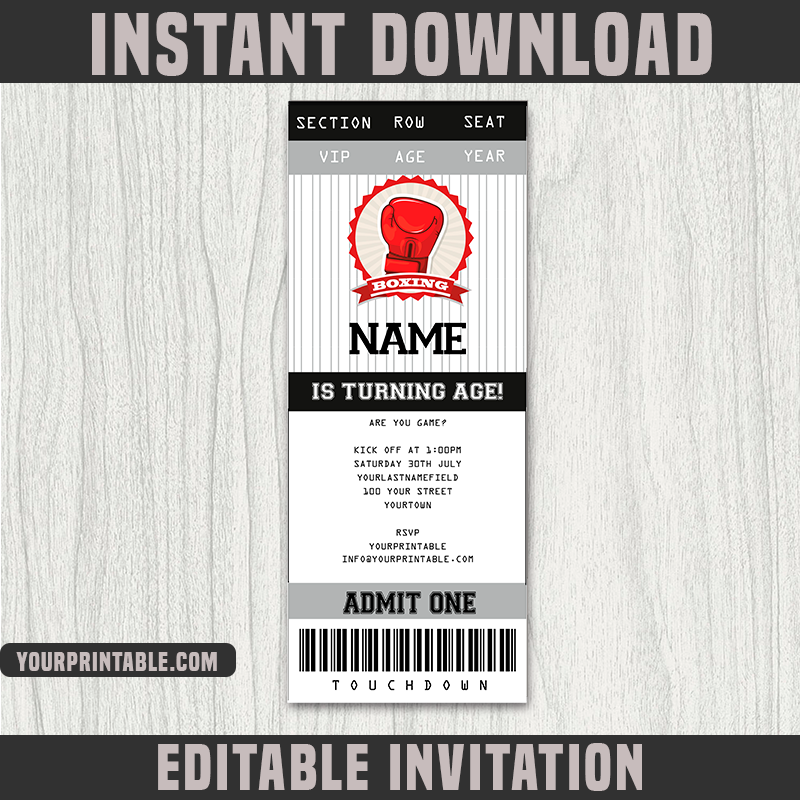 Boxing Ticket Invitation Template - Birthday Party