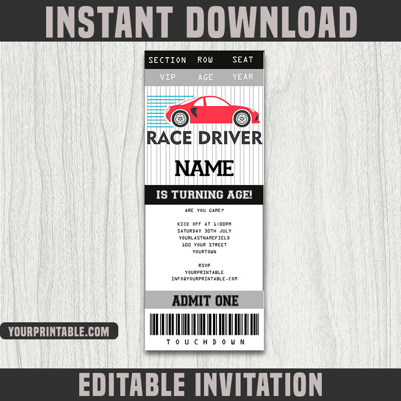 Race Driver Ticket Invitation Template - Birthday Party