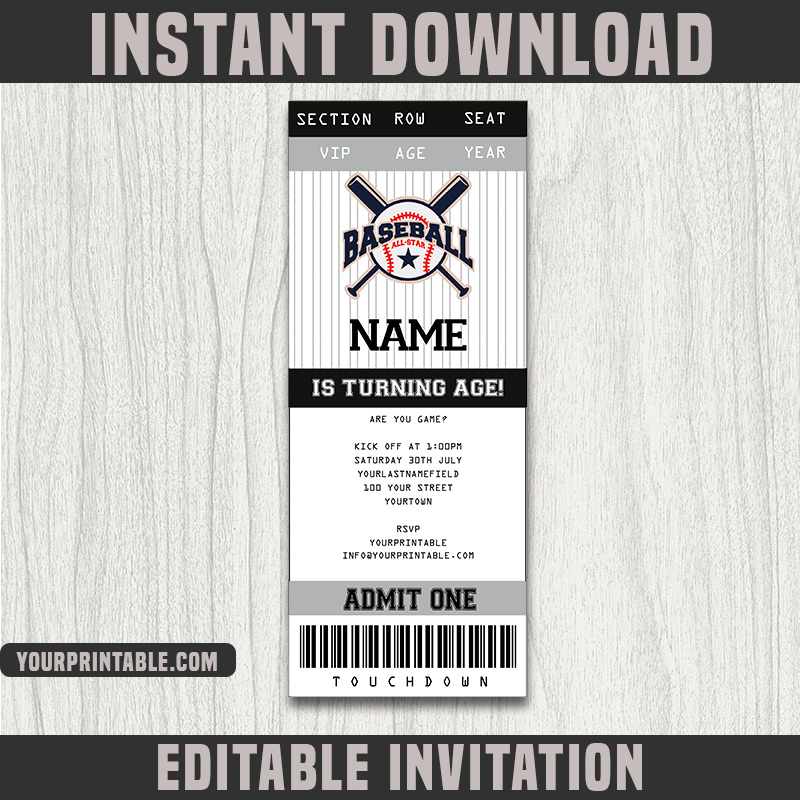 Baseball Ticket Invitation Template - Birthday Party