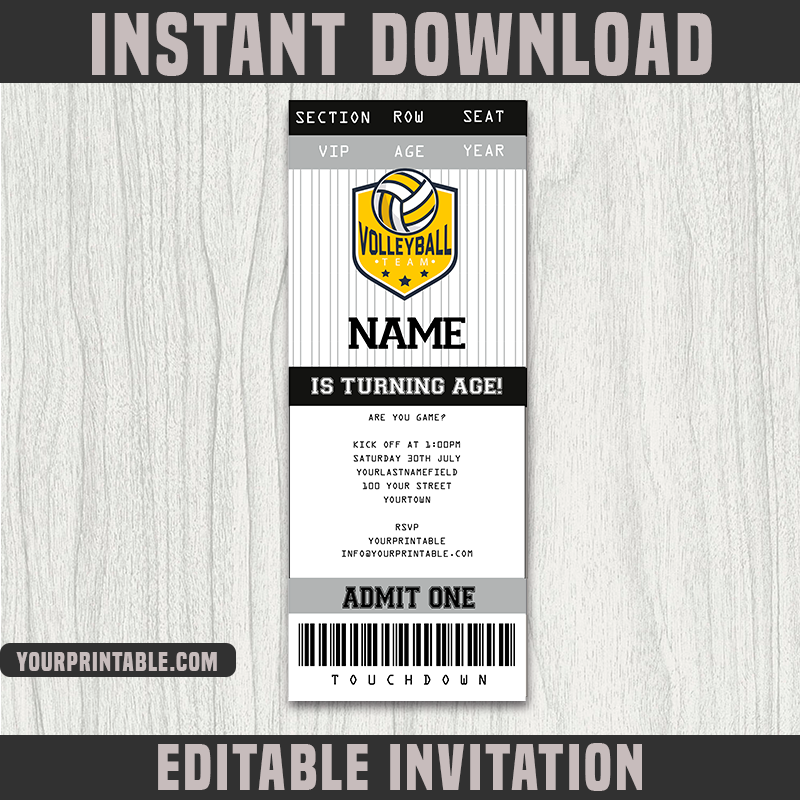 Volleyball Ticket Invitation Template - Birthday Party