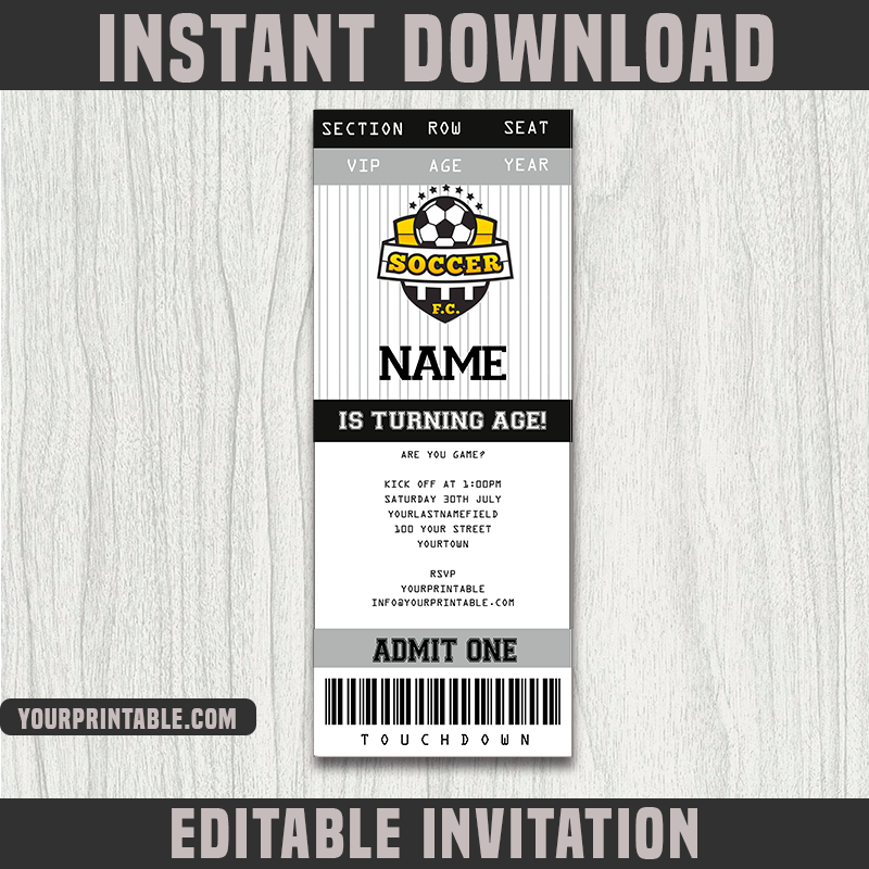 Soccer Ticket Invitation Template - Birthday Party