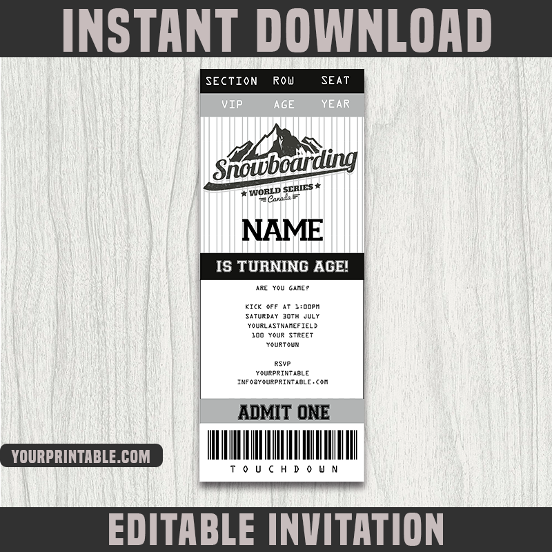 SnowBoarding Ticket Invitation Template - Birthday Party