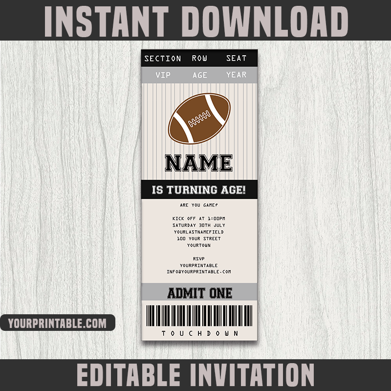 Football Ticket Invitation Template - Birthday Party