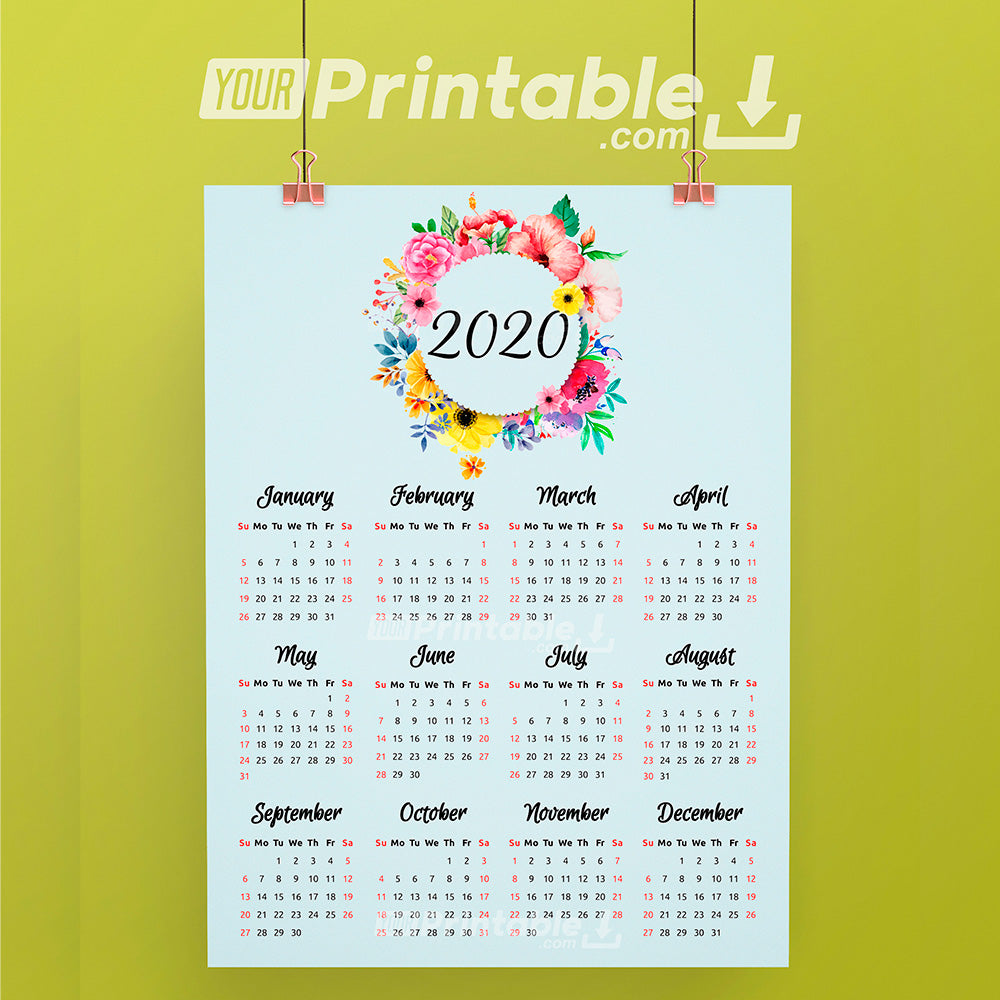 Floral 2020 Printable Yearly Calendar- Digital Instant Download